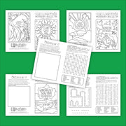 Collection of children's worship and activity pages on a green background