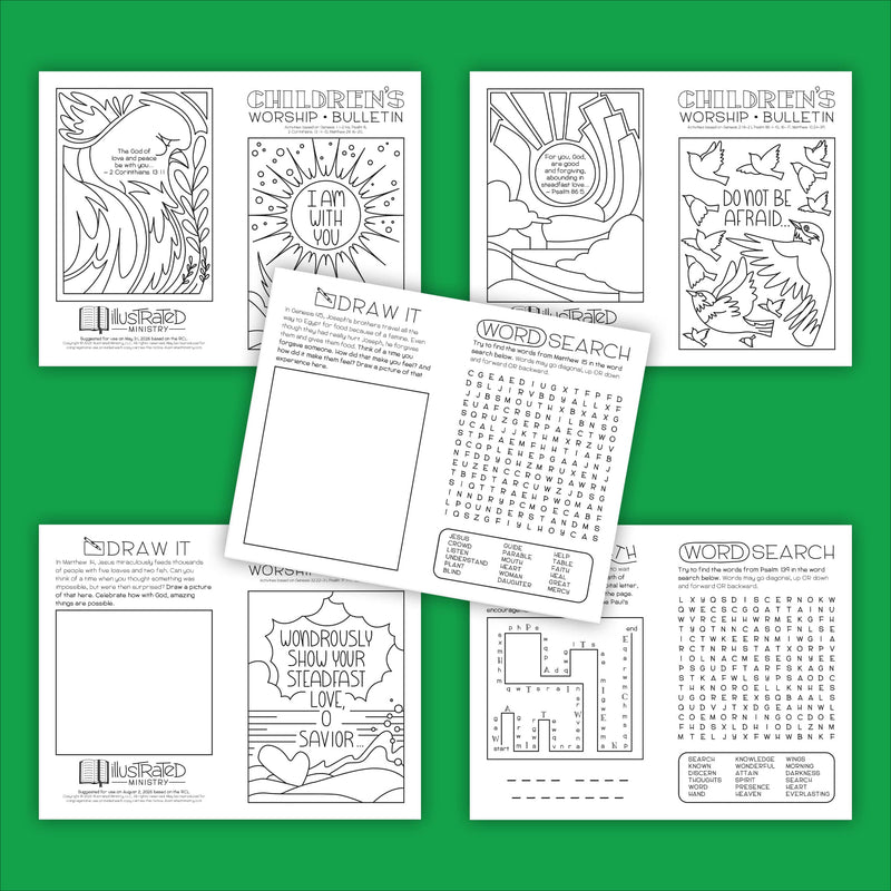 Collection of children's worship and activity pages on a green background