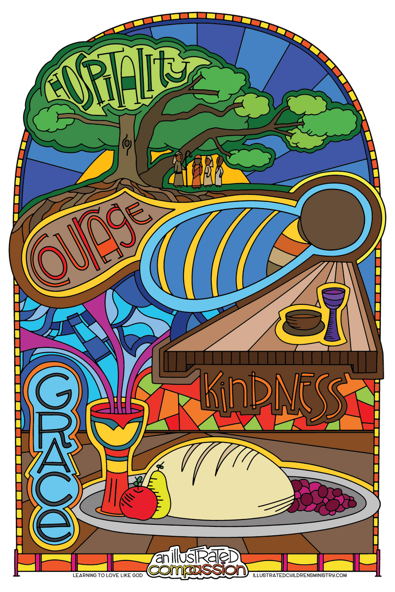 Hospitality, courage, kindness coloring poster
