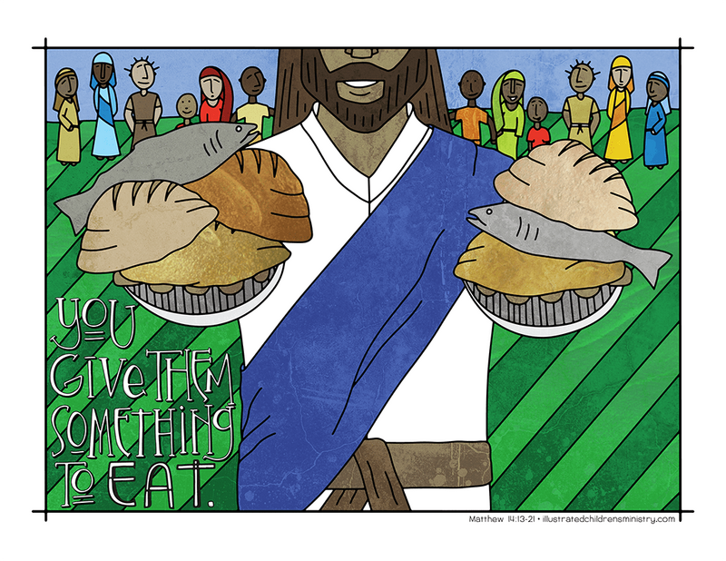 Illustration to accompany children's moment - Jesus with fish and loaves