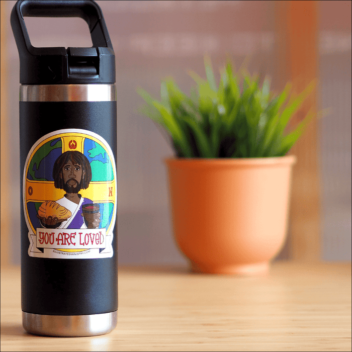 Dishwasher-safe Jesus Stickers decorating water bottle