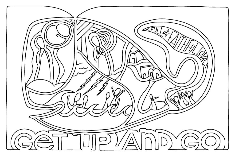 "Get up and go" coloring page B&W simplified