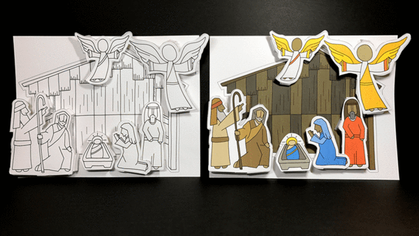 An Illustrated Nativity scene to print, color, and construct at home
